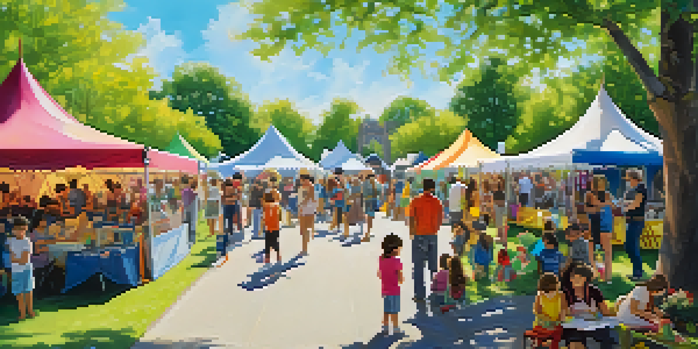 A lively community art festival in a park with artists, families, and musicians, surrounded by flowers and trees.