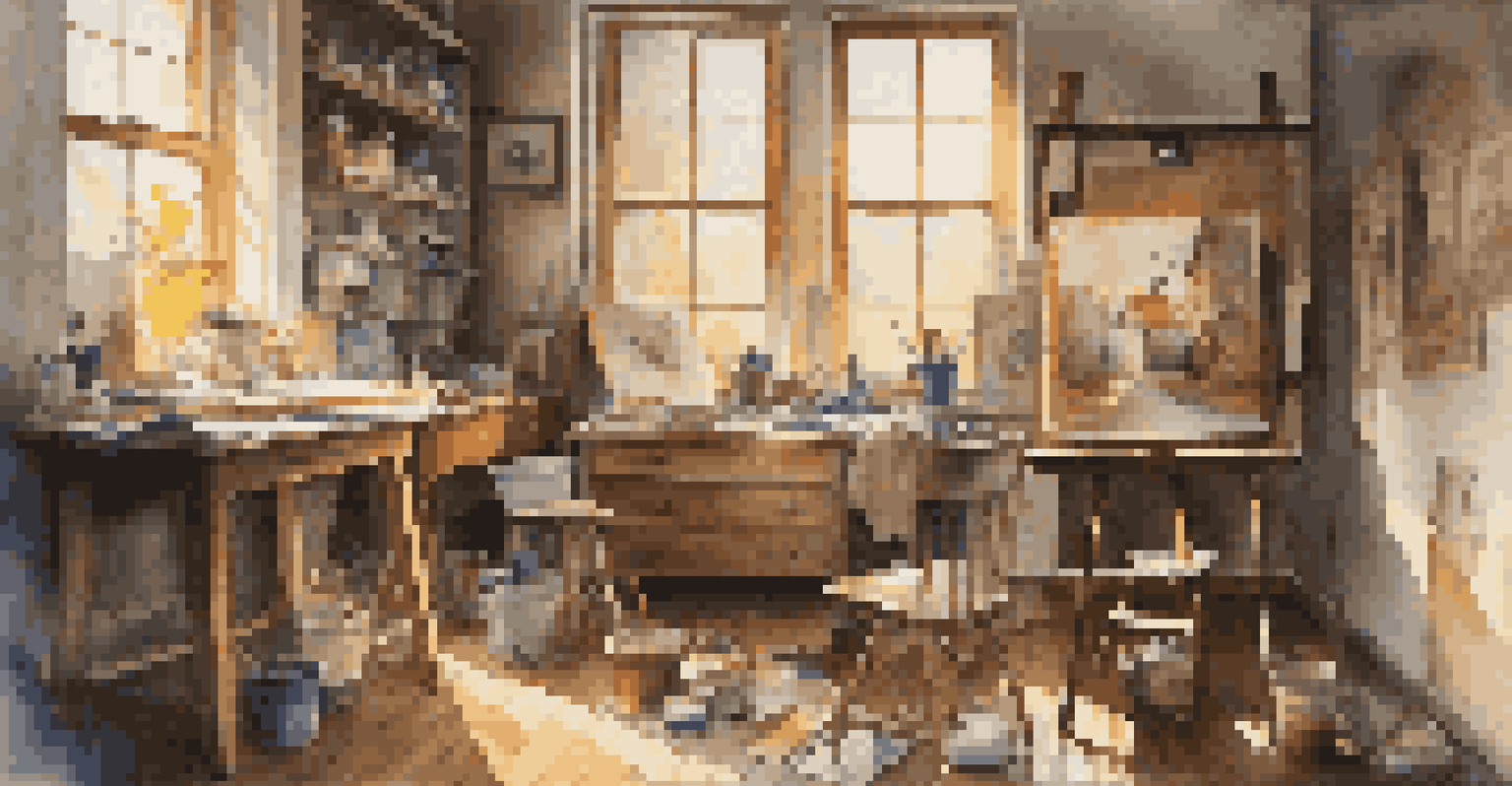 An inviting artist's studio filled with art supplies, unfinished canvases, and personal items that reflect the artist's memories.