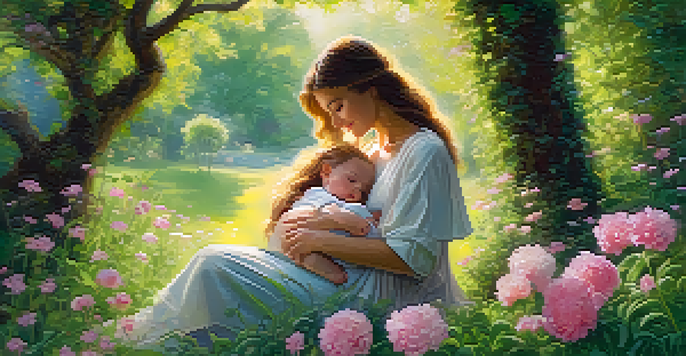 A mother lovingly cradles her child in a vibrant garden, surrounded by blooming flowers and warm sunlight.