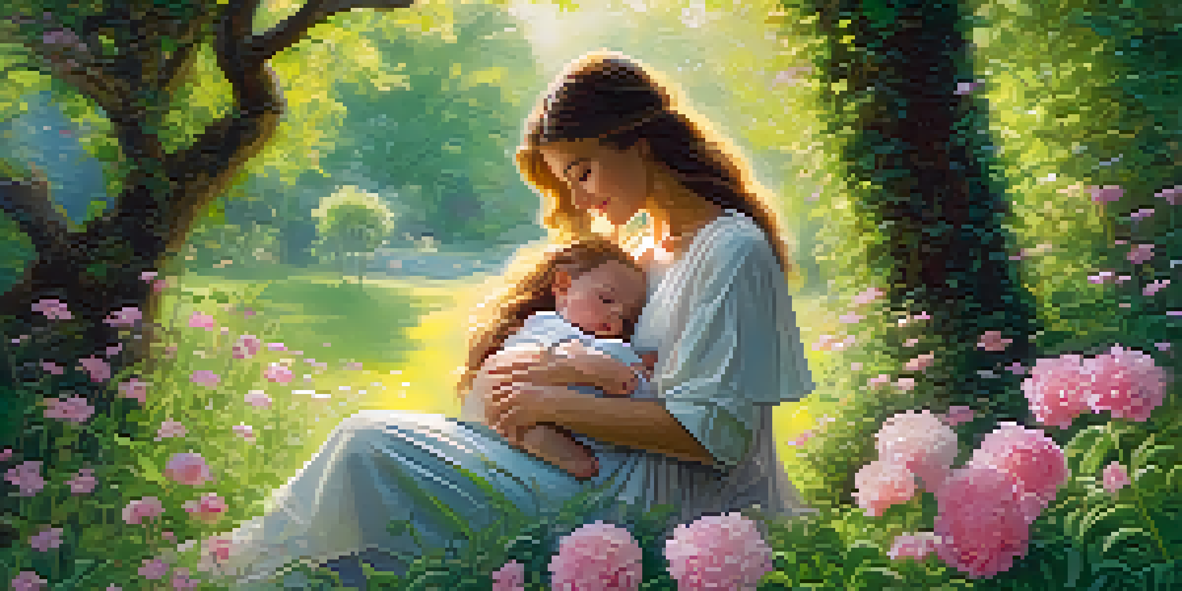 A mother lovingly cradles her child in a vibrant garden, surrounded by blooming flowers and warm sunlight.