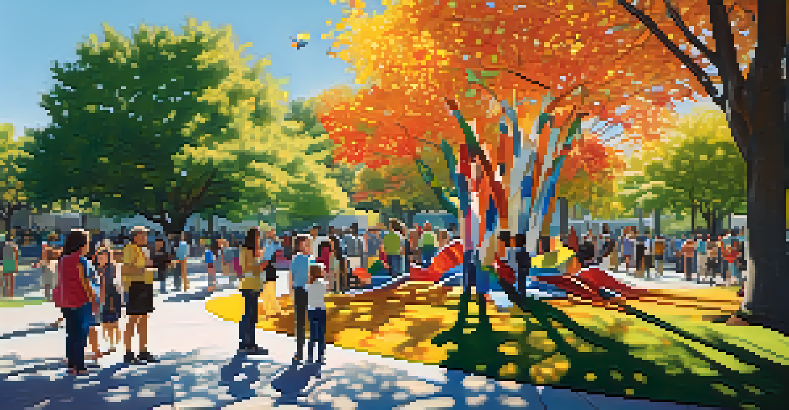 A public art installation in a park with community members interacting with colorful sculptures, under a sunny sky.