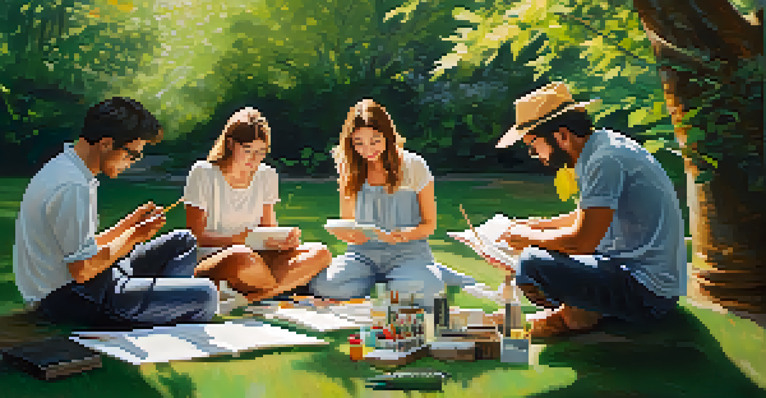A group of artists collaborating outdoors, surrounded by nature.