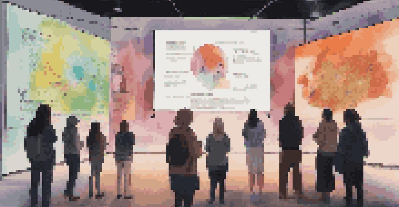 A group of people engaging with a digital art installation showcasing infographics and animations about social issues in a softly lit room.