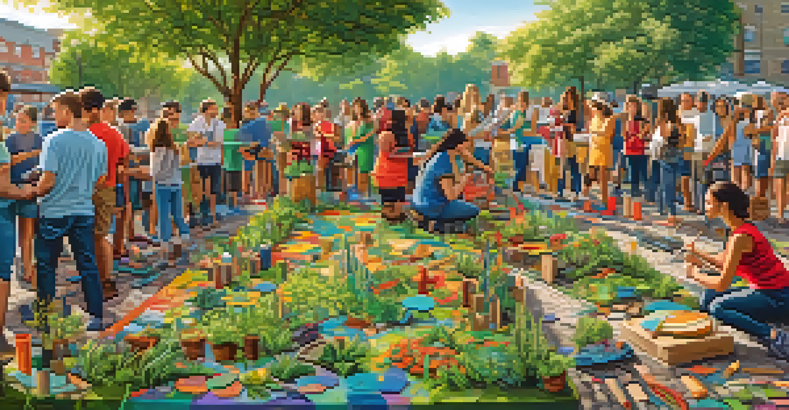 A community working together to create a mural from recycled materials in a vibrant outdoor environment, filled with greenery.