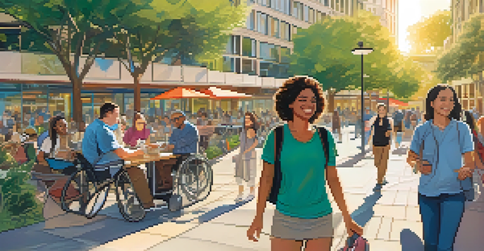 A colorful graphic novel page depicting a person with a disability happily navigating a busy city with friends and assistive technology under warm sunlight.