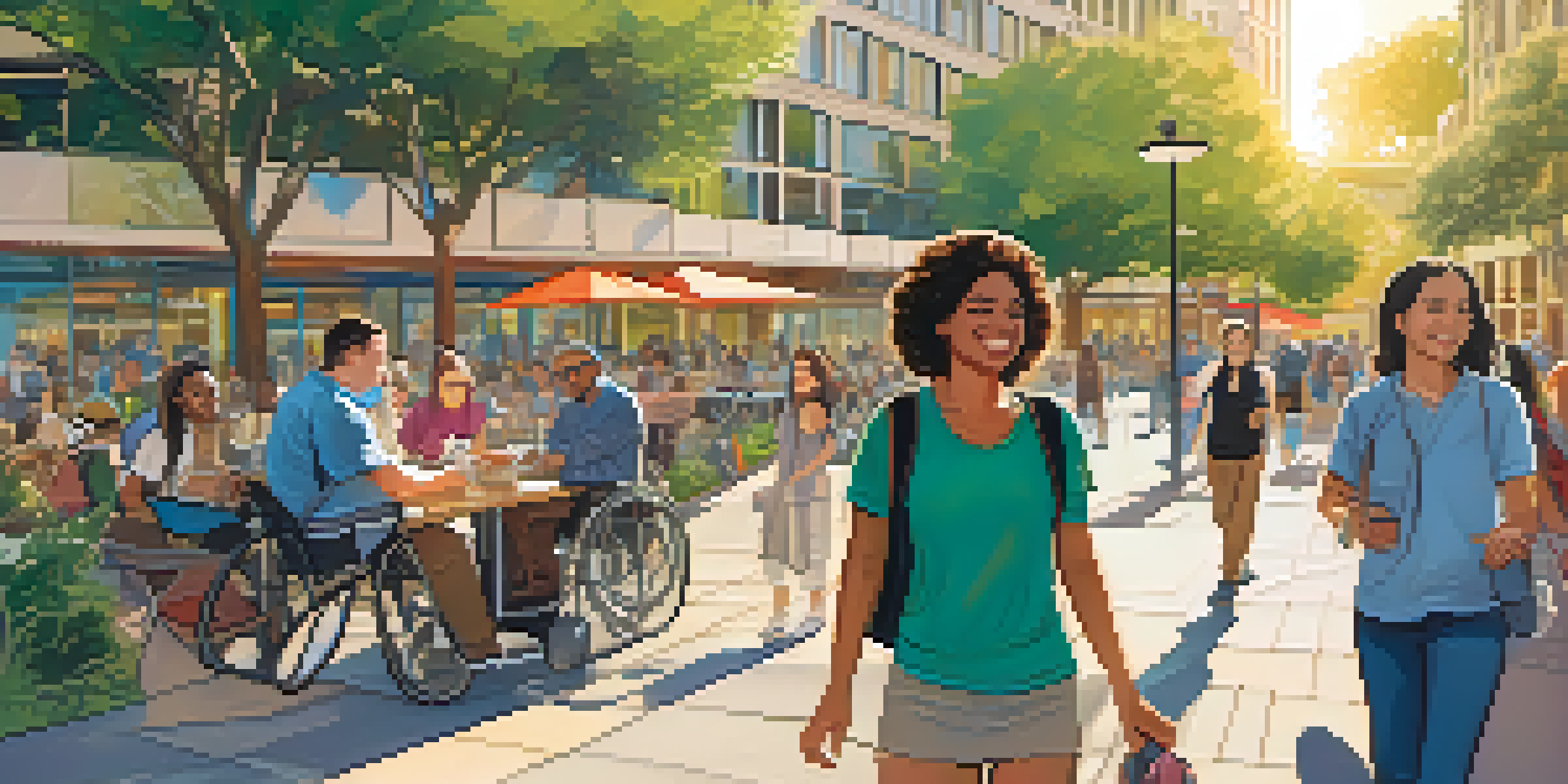 A colorful graphic novel page depicting a person with a disability happily navigating a busy city with friends and assistive technology under warm sunlight.