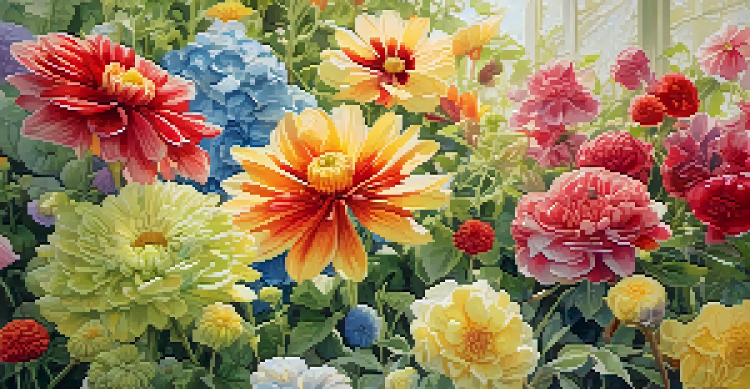 A colorful watercolor painting of a vibrant flower garden, showcasing various blooming flowers.