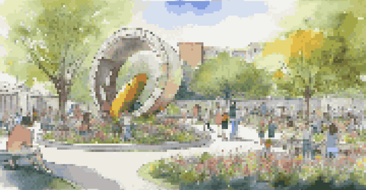 A park with large recycled material sculptures, where families are enjoying the transformed space filled with flowers.