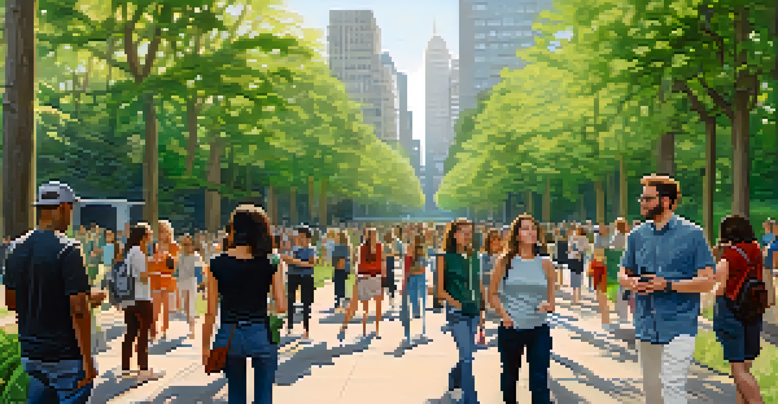 Participants engaged in a soundwalk in an urban park, wearing headphones and immersed in curated sounds amidst greenery.