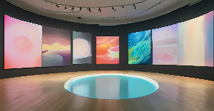 A modern virtual art exhibition room with digital artworks displayed on screens, softly lit for a calming atmosphere.