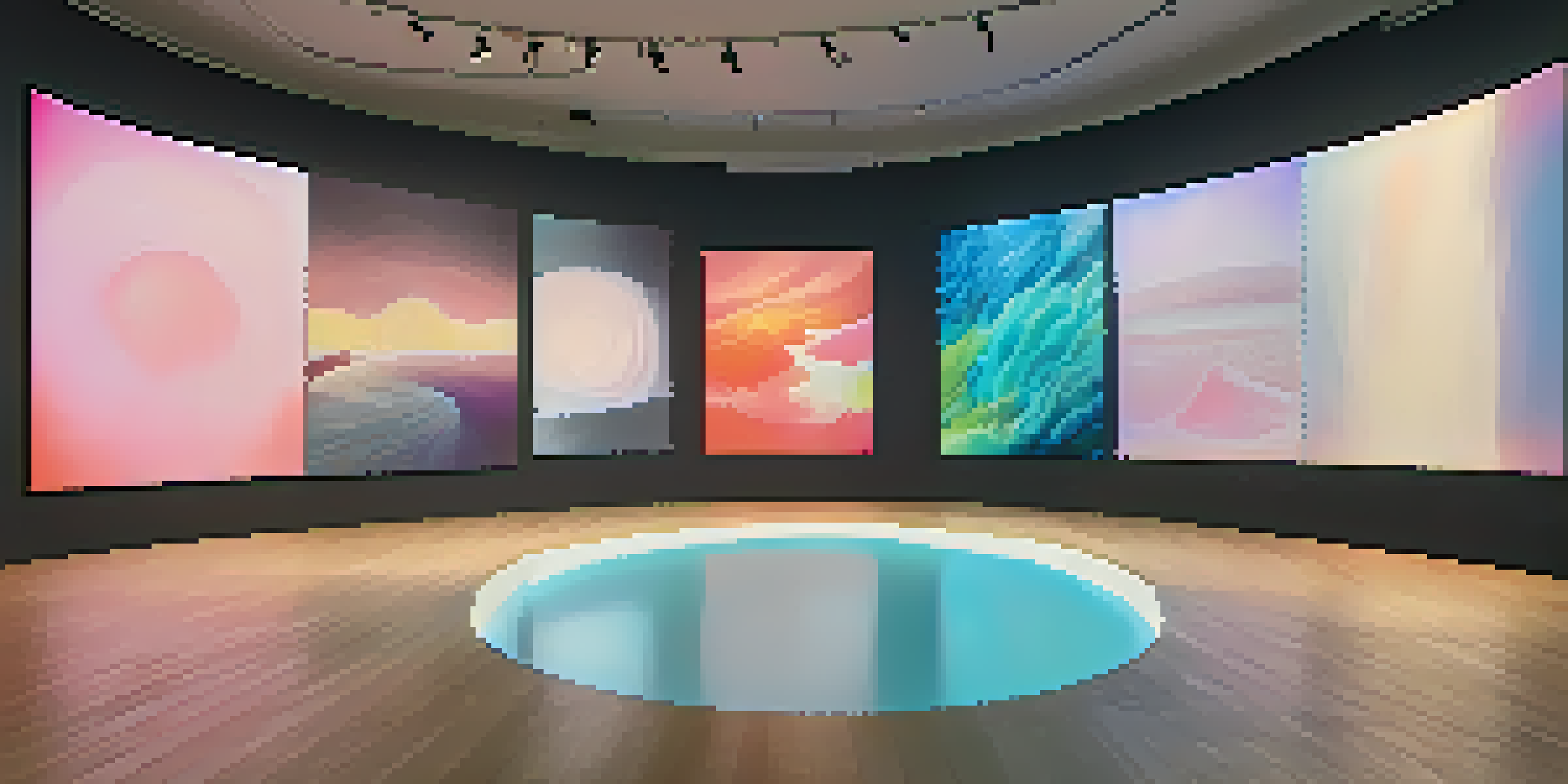 A modern virtual art exhibition room with digital artworks displayed on screens, softly lit for a calming atmosphere.