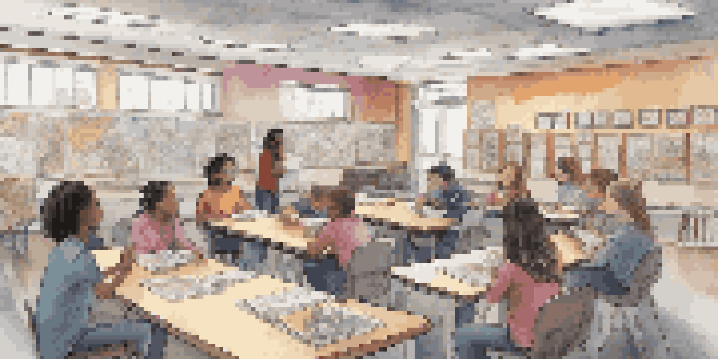 Students discussing a graphic novel in a colorful classroom filled with illustrations.