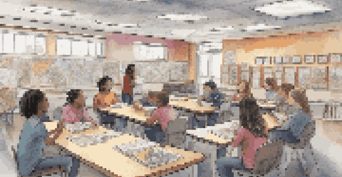 Students discussing a graphic novel in a colorful classroom filled with illustrations.