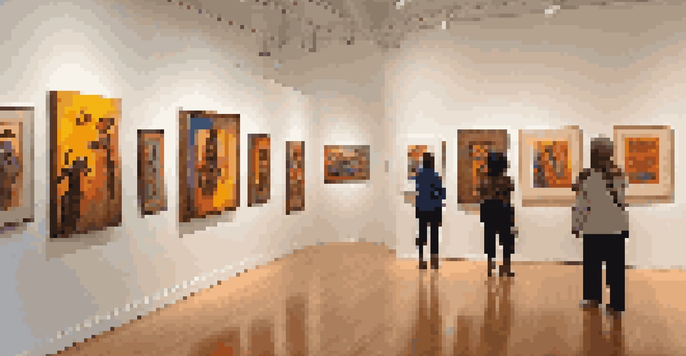 A contemporary African art exhibition featuring colorful paintings and sculptures, with visitors appreciating the artworks in a well-lit gallery.