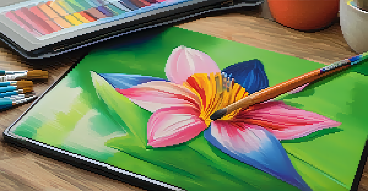 A close-up view of a digital tablet showing vibrant activist art, with the artist's tools in the background, creating an inspiring artistic atmosphere.