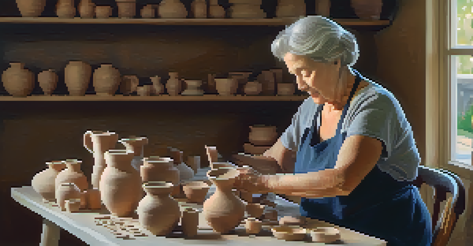 A senior woman sculpting clay at a pottery wheel in a warmly lit nursing home, deeply focused on her artistic creation.