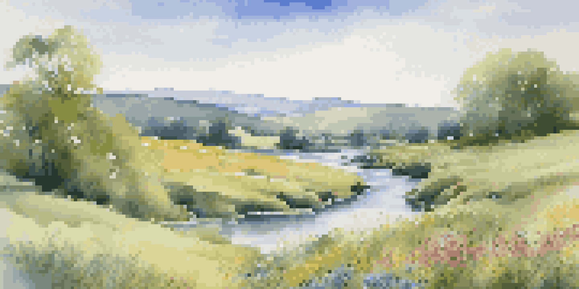 A peaceful outdoor landscape featuring rolling hills, a blue sky, and a flowing river, adorned with colorful wildflowers.