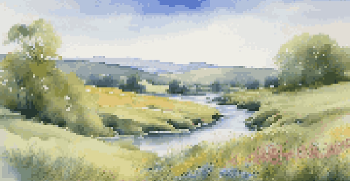 A peaceful outdoor landscape featuring rolling hills, a blue sky, and a flowing river, adorned with colorful wildflowers.