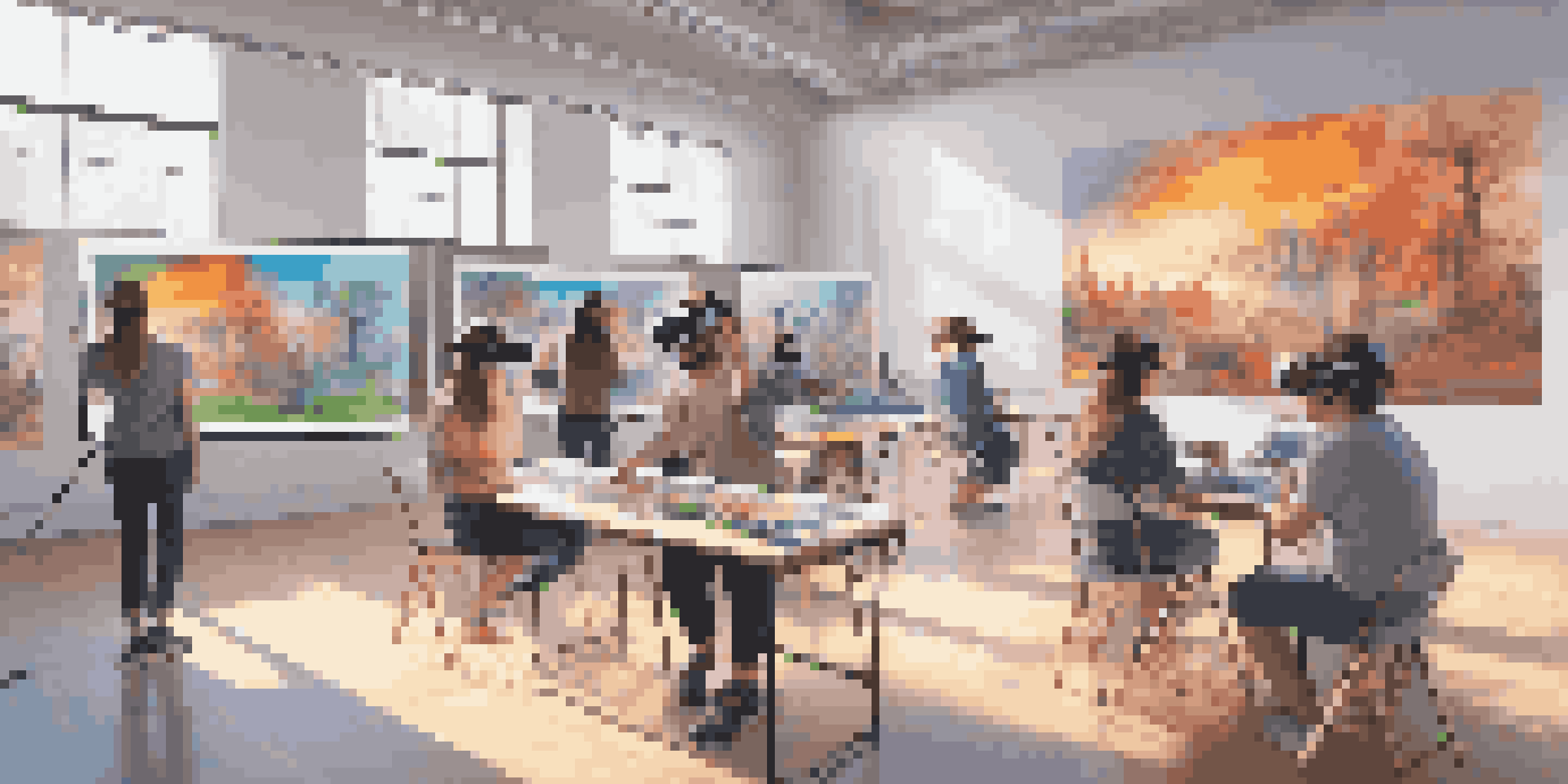 Students in a virtual reality art studio wearing headsets, creating digital art surrounded by screens displaying colorful artworks.