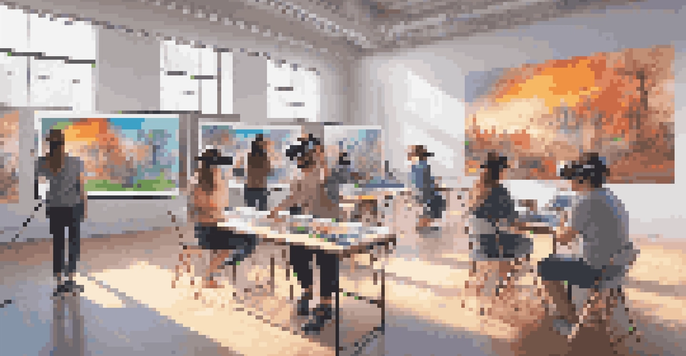 Students in a virtual reality art studio wearing headsets, creating digital art surrounded by screens displaying colorful artworks.