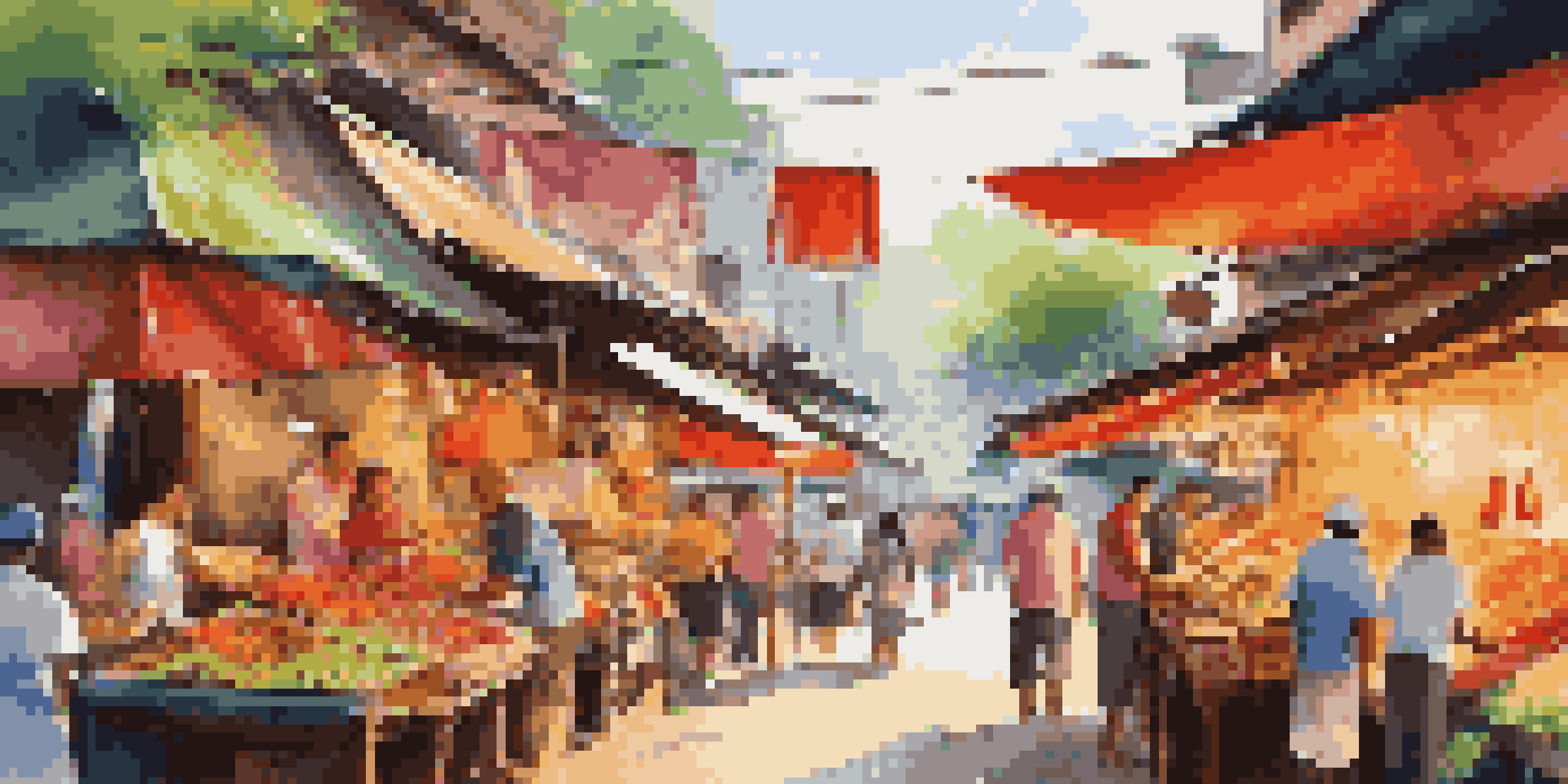 A lively street food market in Thailand with colorful stalls and vendors serving traditional dishes under warm evening light.