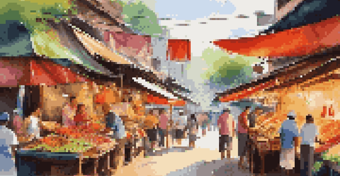 A lively street food market in Thailand with colorful stalls and vendors serving traditional dishes under warm evening light.