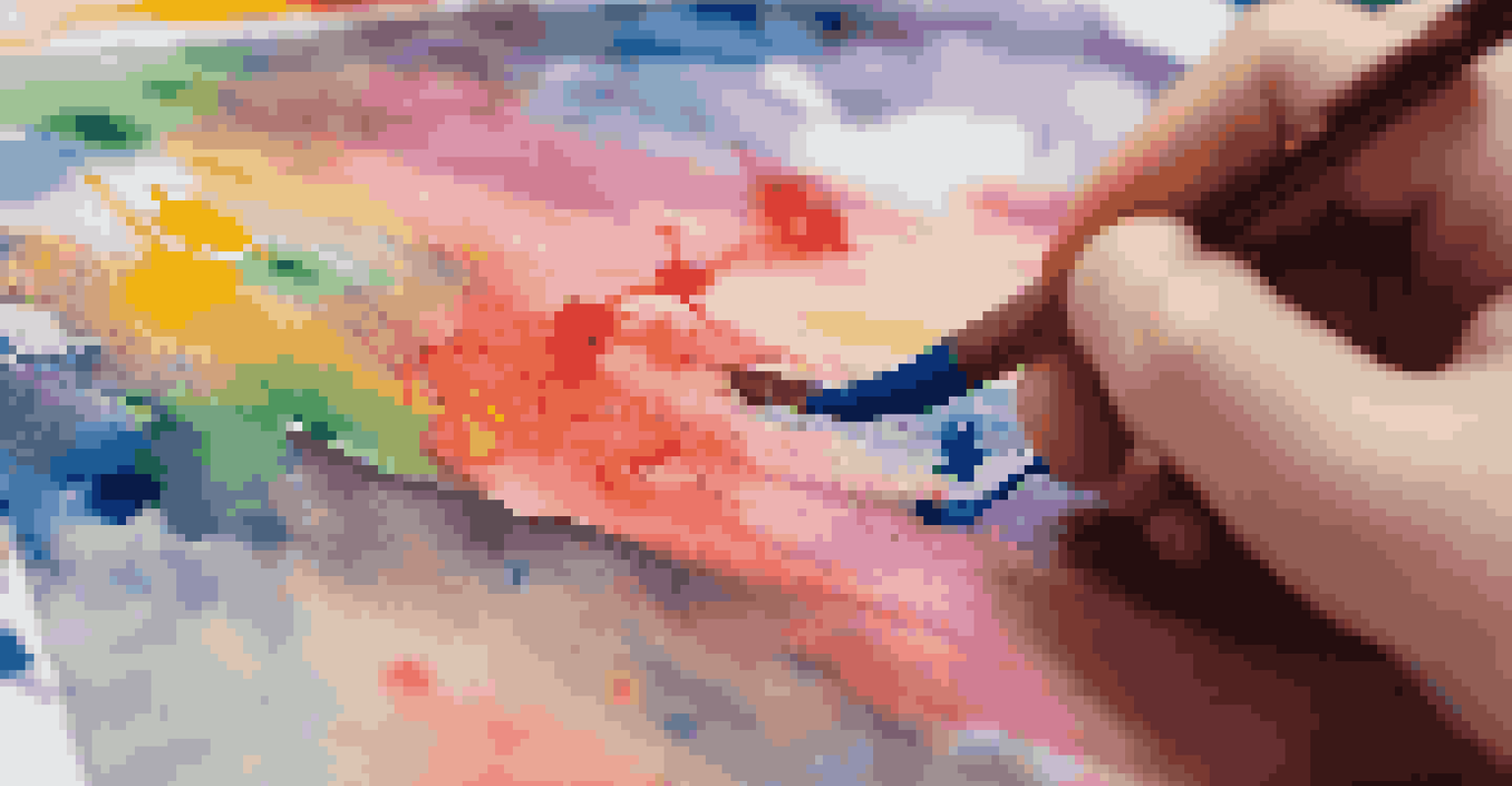 A child's hand painting a colorful landscape on a canvas, showcasing vibrant colors and creativity.