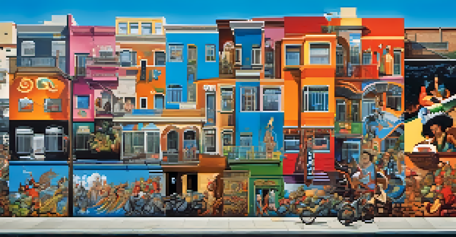 A vibrant collage of street art inspired by global folklore, displayed on an urban wall.