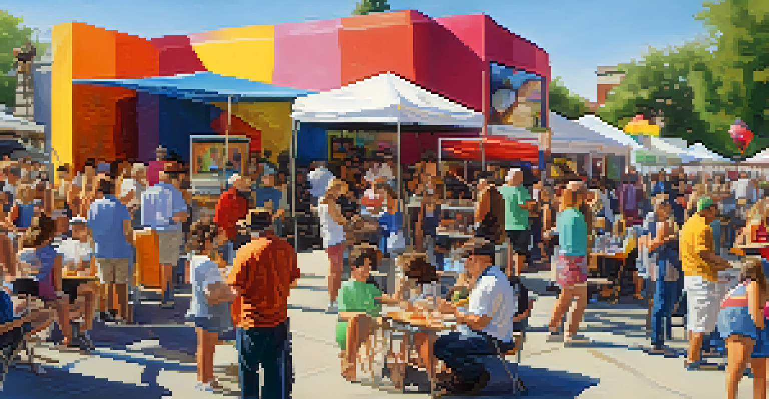 A vibrant outdoor community art event with people enjoying performances, artworks, and colorful decorations under a sunny sky.