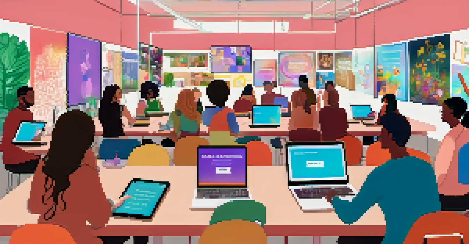 A digital art workshop with diverse participants creating art and discussing mental health in an online community space.