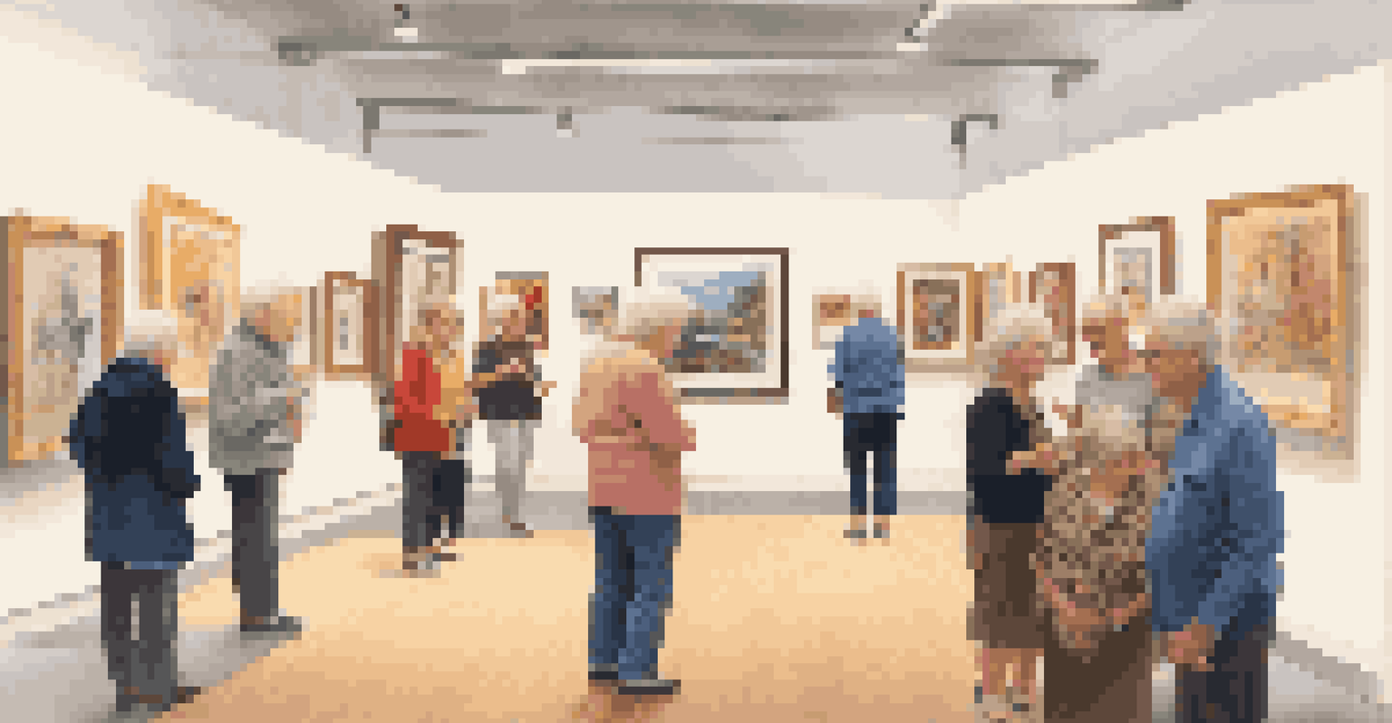 An art exhibition featuring seniors proudly displaying their artwork, surrounded by visitors admiring the paintings and sculptures in a well-lit gallery.