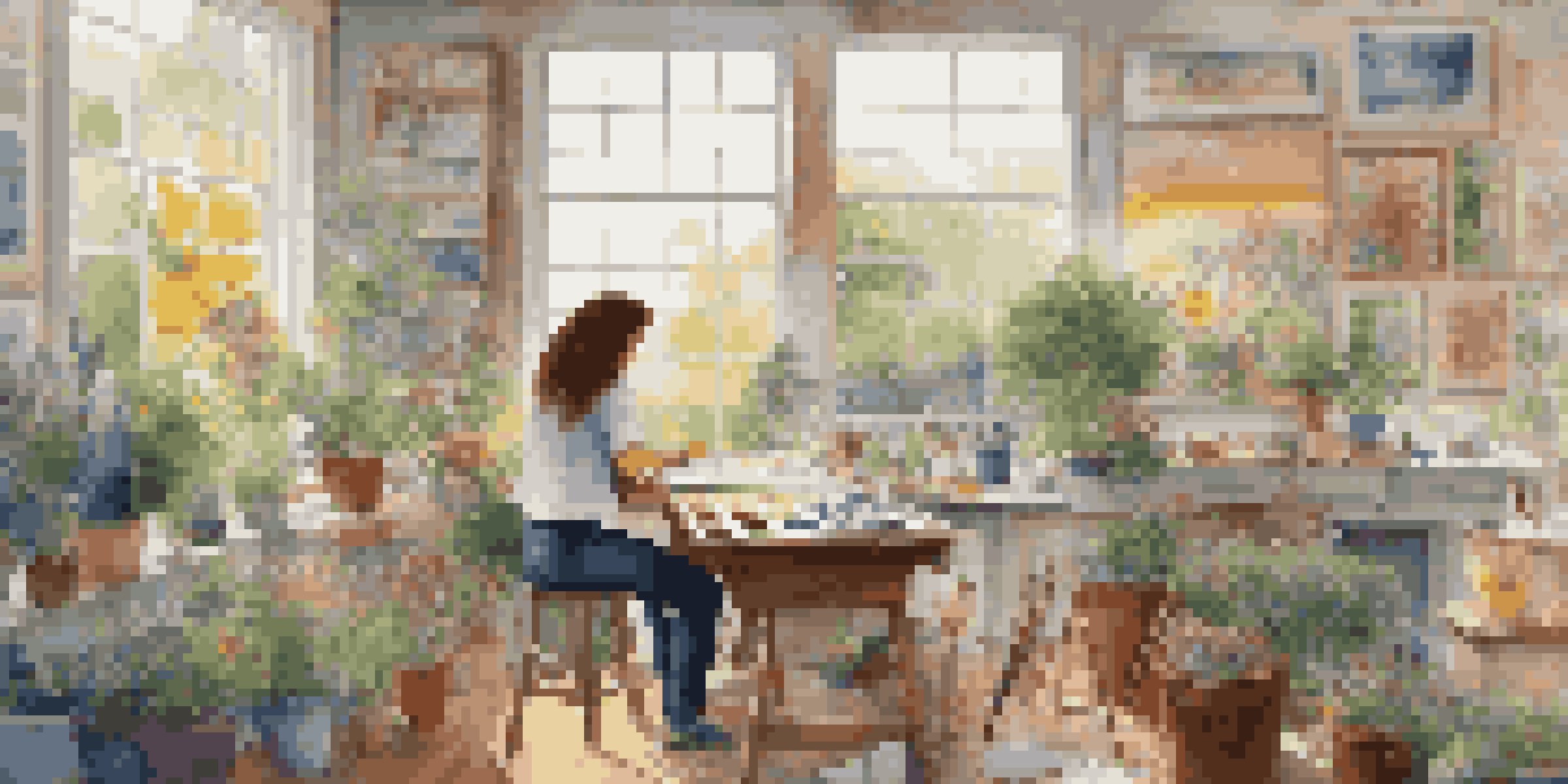 An artist working in a bright studio surrounded by art supplies, with colorful artwork on the walls and a garden visible through the window.