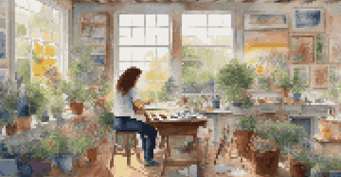 An artist working in a bright studio surrounded by art supplies, with colorful artwork on the walls and a garden visible through the window.