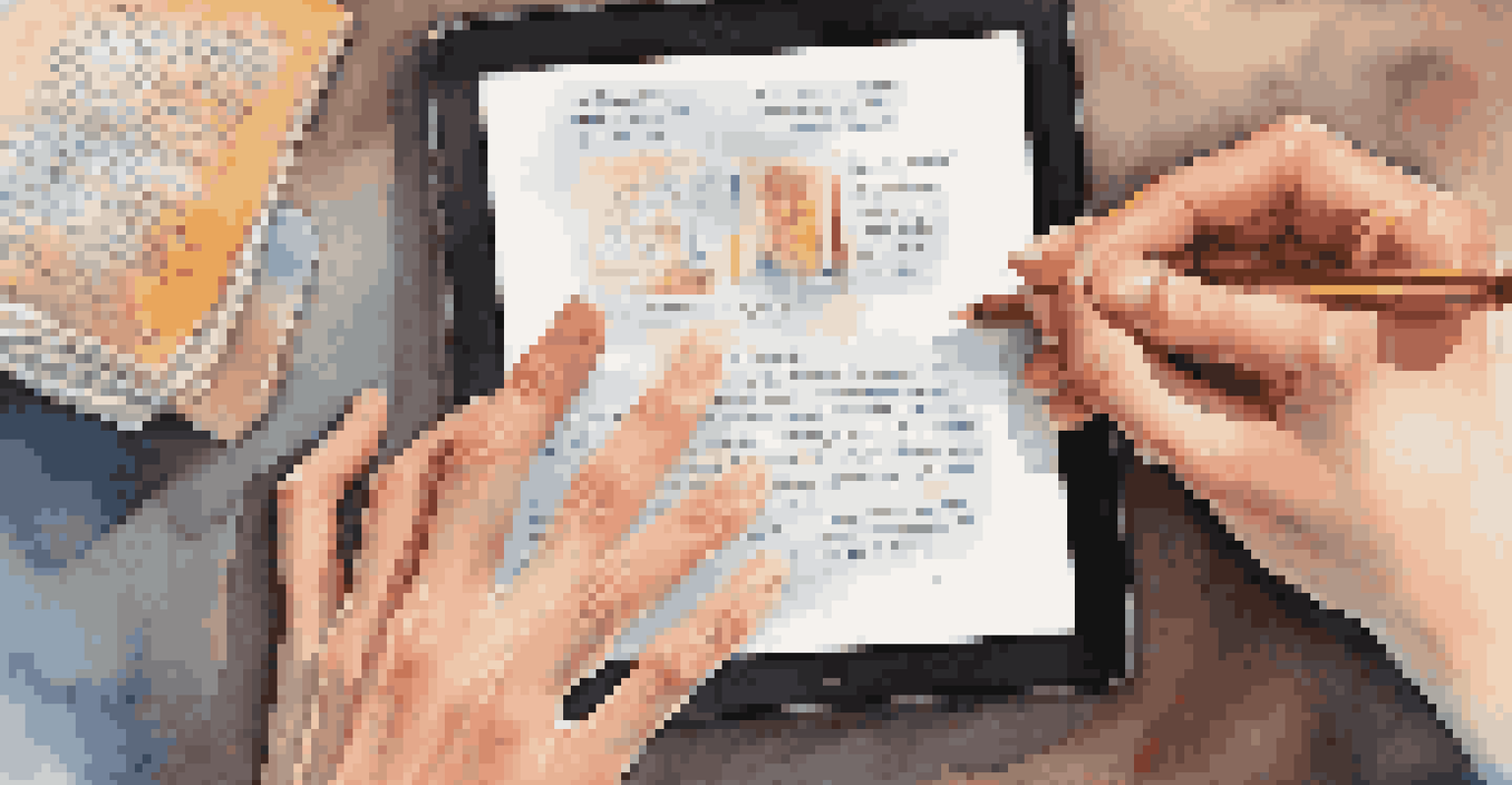 A close-up of hands working on a digital artwork about human rights on a tablet in a cozy workspace.