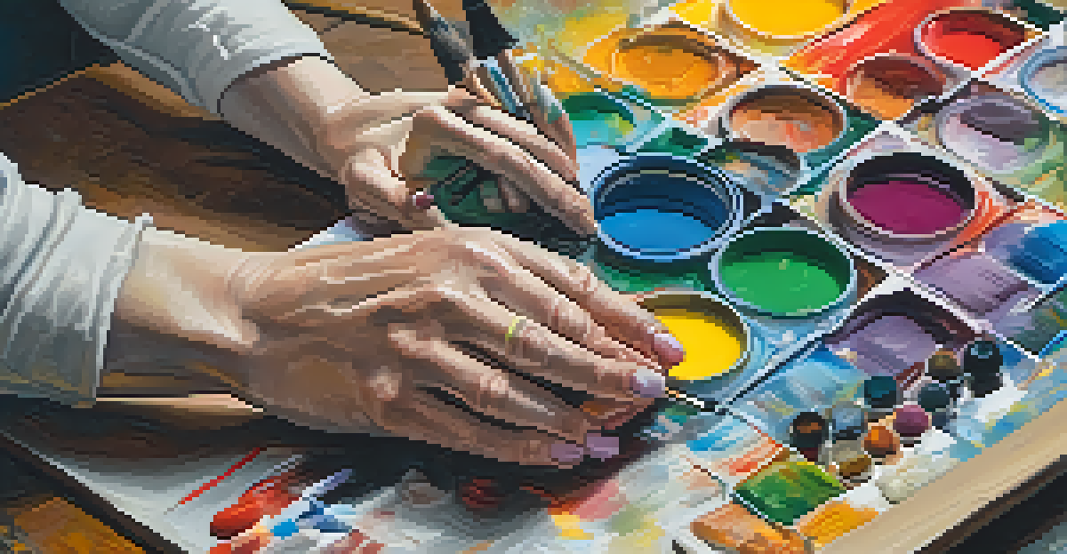 Close-up of a painter's hands mixing vibrant colors on a palette with a canvas in the background.
