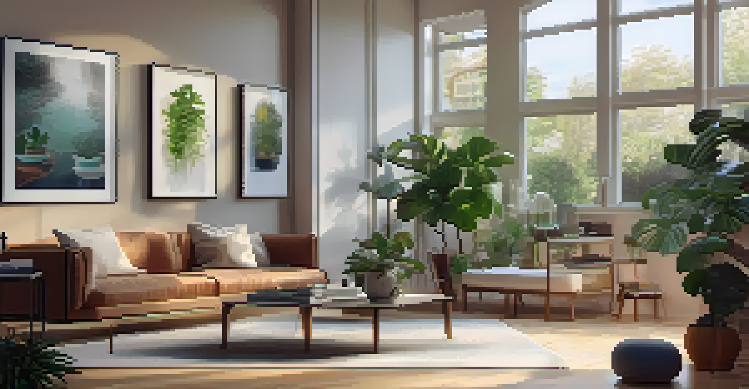 A computer screen displaying a virtual art exhibition in a cozy home setting.