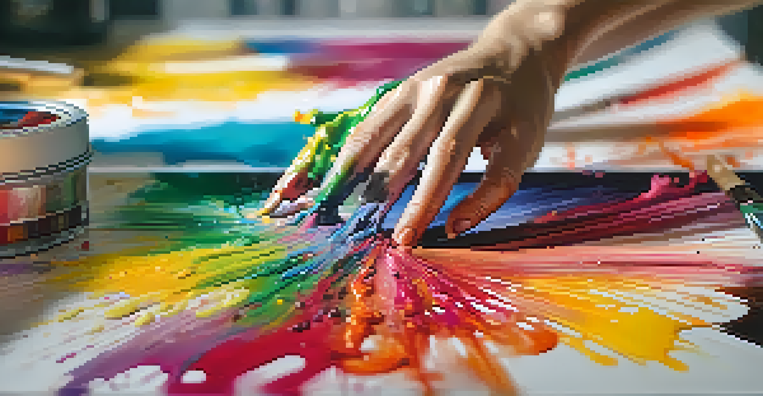 Close-up of hands painting on a canvas, showcasing bright colors and the texture of the paint, with a blurred background.