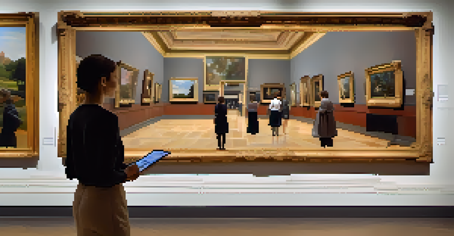 A student using a tablet to explore Impressionist paintings in a virtual art museum tour.