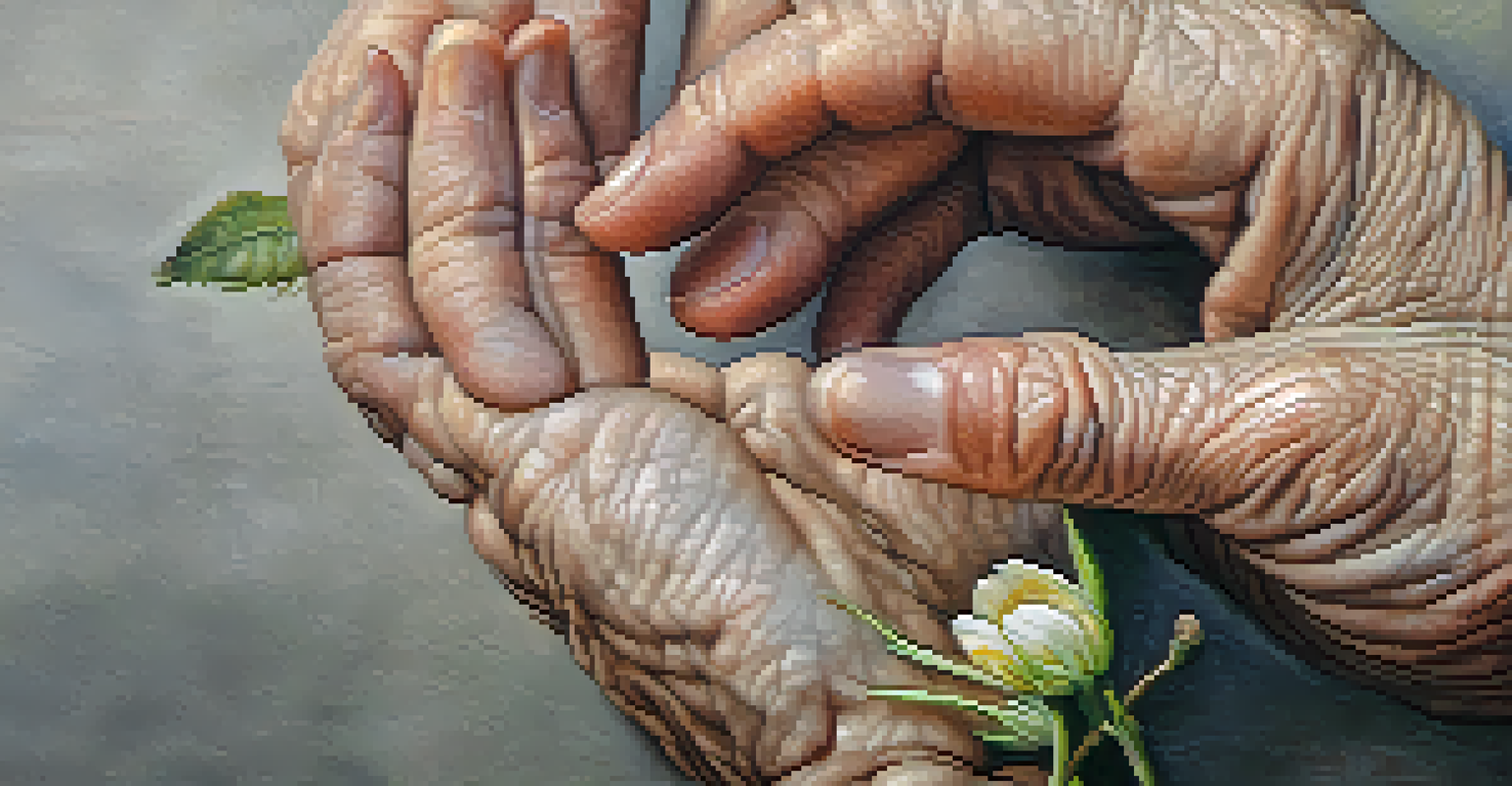 A close-up of an aged hand holding a beautiful flower, representing the bond between aging and nature.
