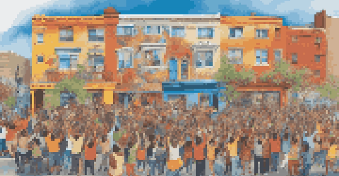 A group of diverse artists and residents collaboratively painting a colorful mural that represents their cultural heritage, with paints and brushes visible, and a bright blue sky overhead.