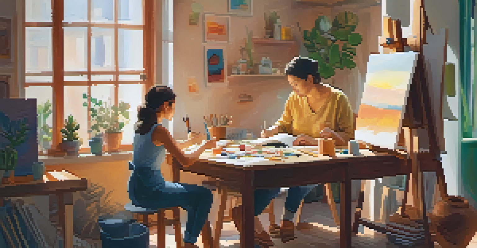 A cozy art therapy session with people creating art, including painting, sculpting, and writing, in a warmly lit room.