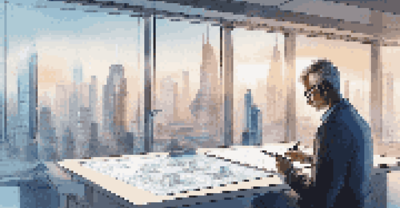 An architect designing a futuristic building on a tablet in a modern office surrounded by 3D models and blueprints.