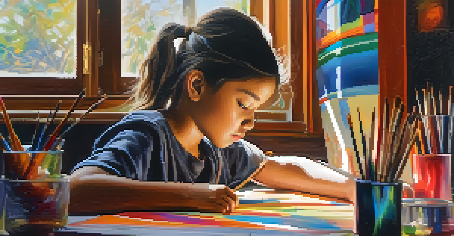 A young student painting a colorful canvas in an art studio, inspired by global art traditions.