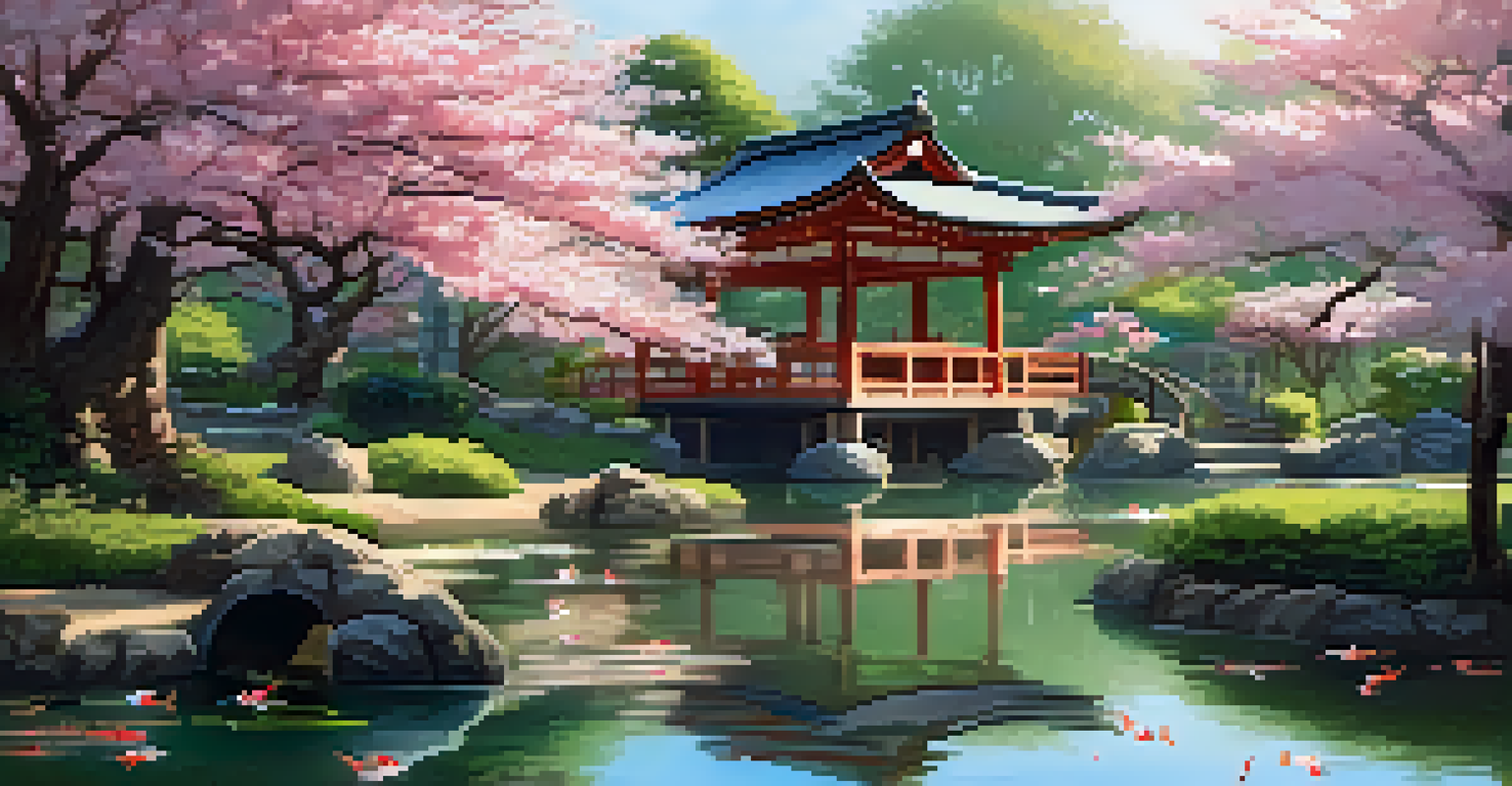 A peaceful Japanese garden in spring, with cherry blossoms, a pond, and a traditional tea house, illuminated by soft morning light.