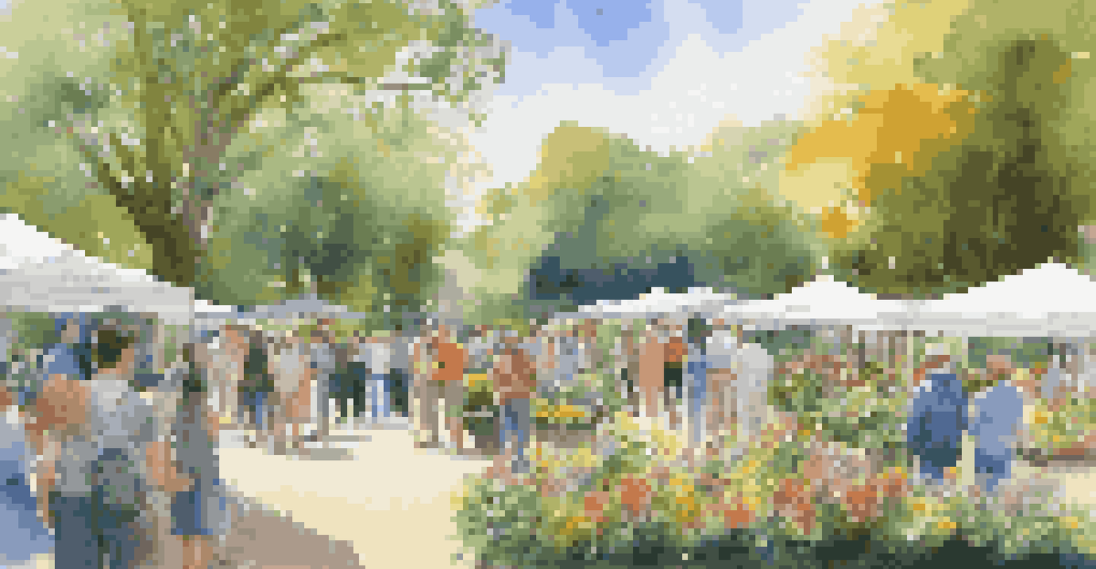 An outdoor art exhibition in a park with various artworks on display, people admiring the art among greenery and colorful flowers.