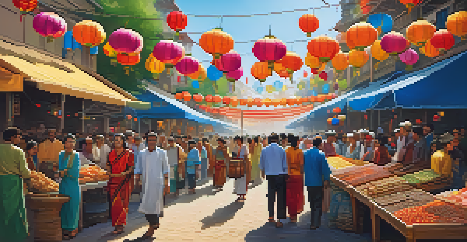 A lively city festival with colorful decorations, food stalls, and people celebrating under a bright blue sky.