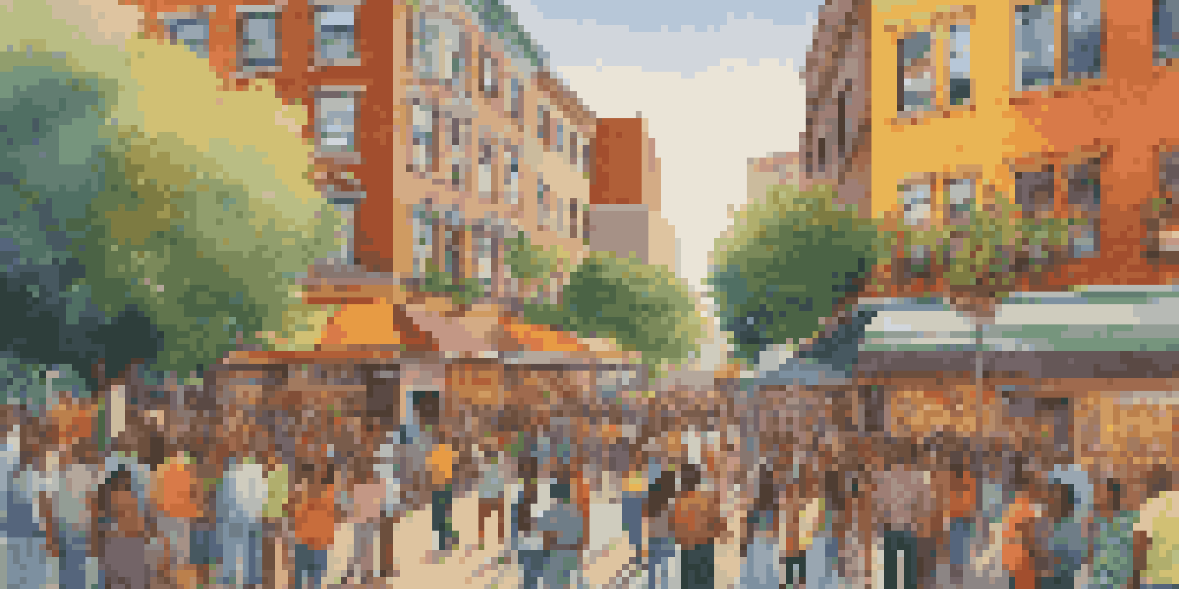 A colorful mural illustrating a community gathering with diverse people talking and enjoying the atmosphere, surrounded by greenery and urban elements during sunset.