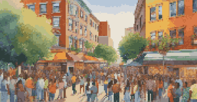 A colorful mural illustrating a community gathering with diverse people talking and enjoying the atmosphere, surrounded by greenery and urban elements during sunset.