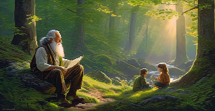 A wise old man sitting on a moss-covered rock in a forest, telling stories to children, with sunlight filtering through the leaves.