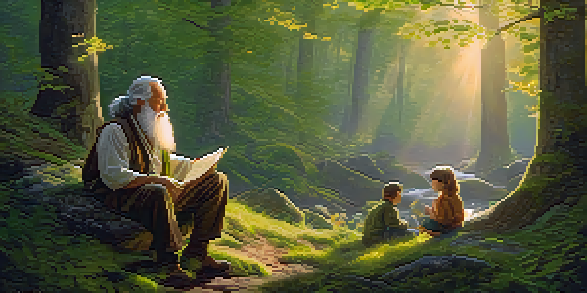 A wise old man sitting on a moss-covered rock in a forest, telling stories to children, with sunlight filtering through the leaves.